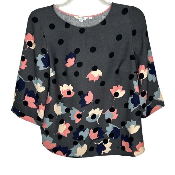 Boden Gray Polka Dot Floral 3/4 Sleeve Flowy Blouse Size 10 - Picture 1 of 5